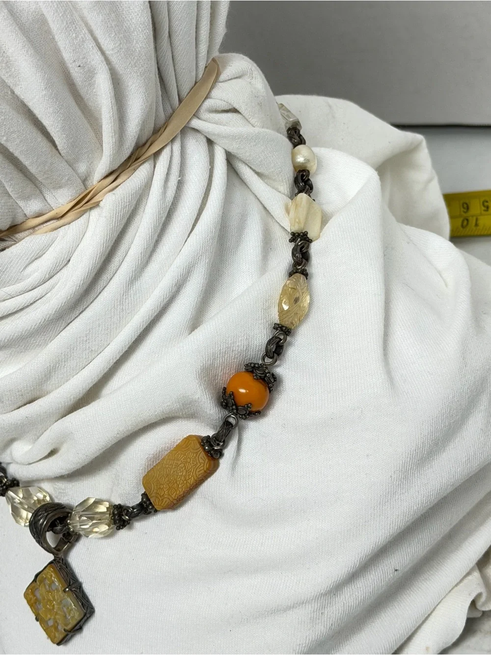 Vintage 90’s Stephen Dweck .925 Silver Pearl Amber, Citrine & Quartz Necklace